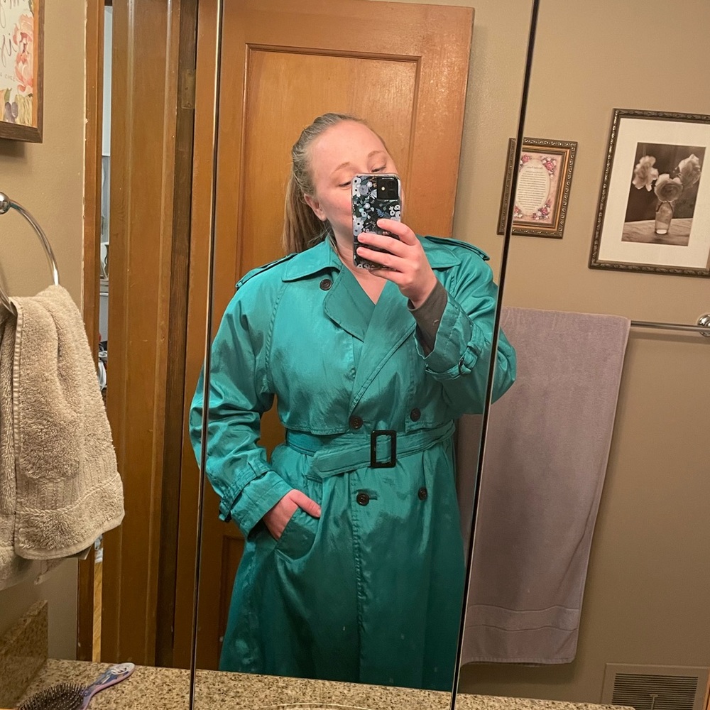 80s vintage teal turquoise trench coat